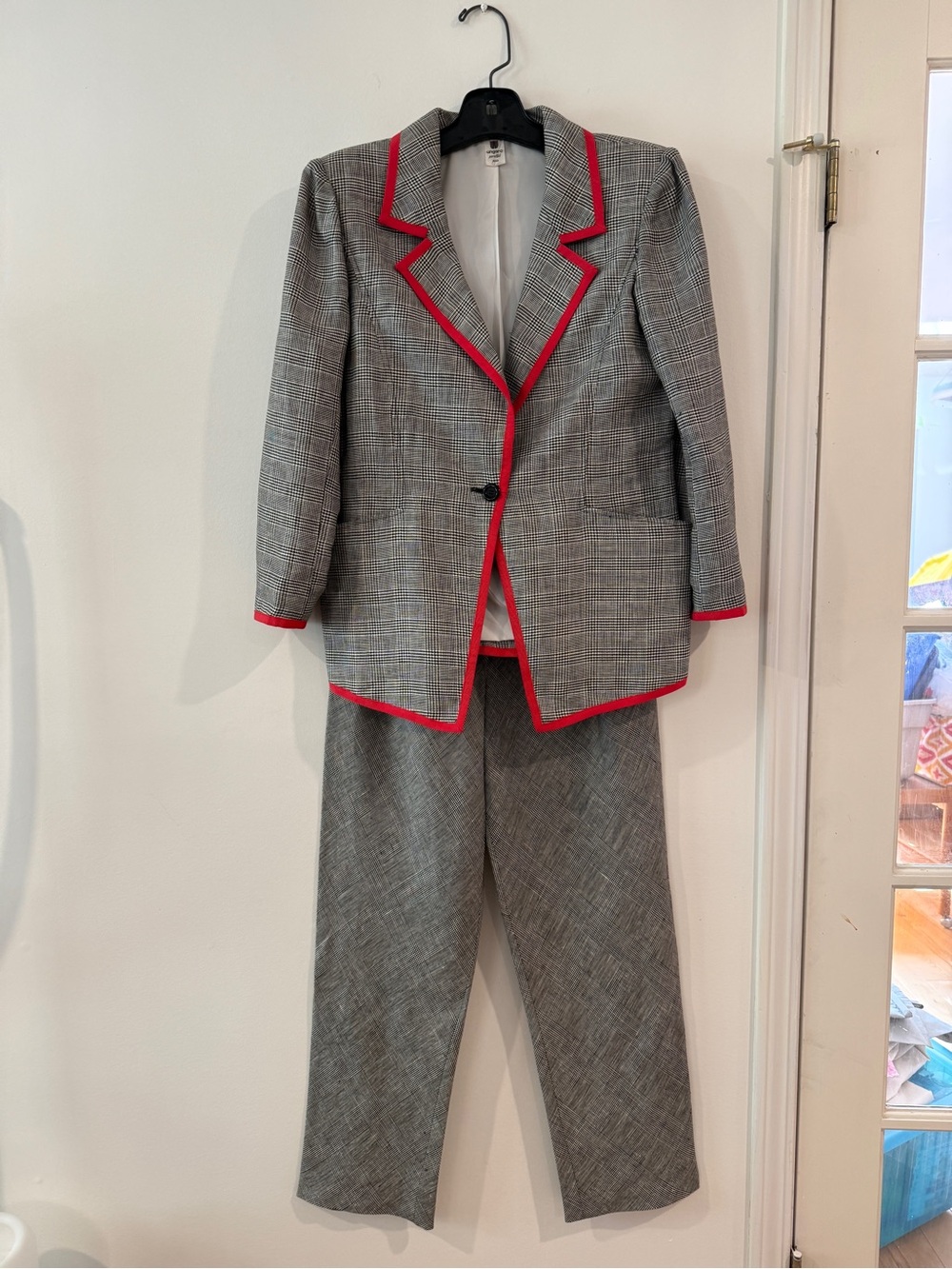 Emanuel Ungaro vintage Plaid Blazer & Pant Set with Red Trim, US 10, Italy